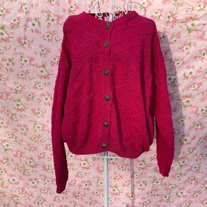 Vintage knit cardigan sweater top vintage 80s |L|  1980s bright pink gold button